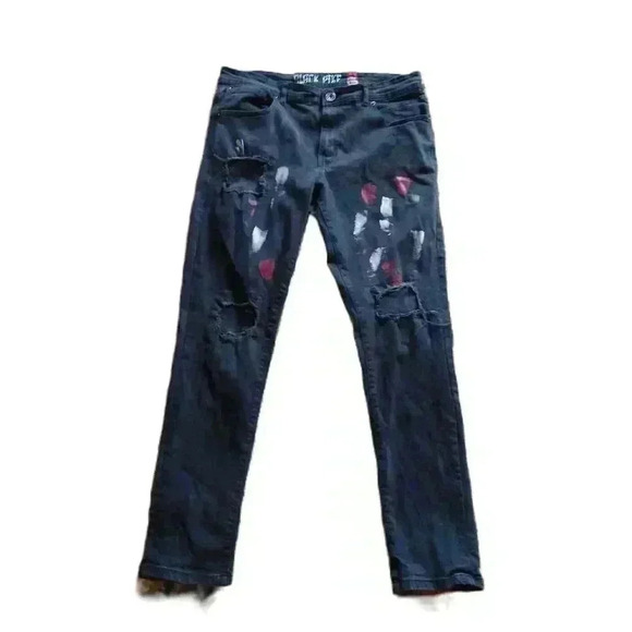 Black Pike Distressed Ripped Jeans Paint Splatters Punk Style Denim Size 36W 32L - Picture 1 of 9